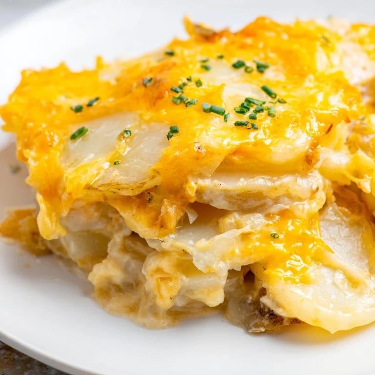 Melting Gruyère and cheddar top these creamy cheesy scalloped potatoes, perfect for a family holiday meal.