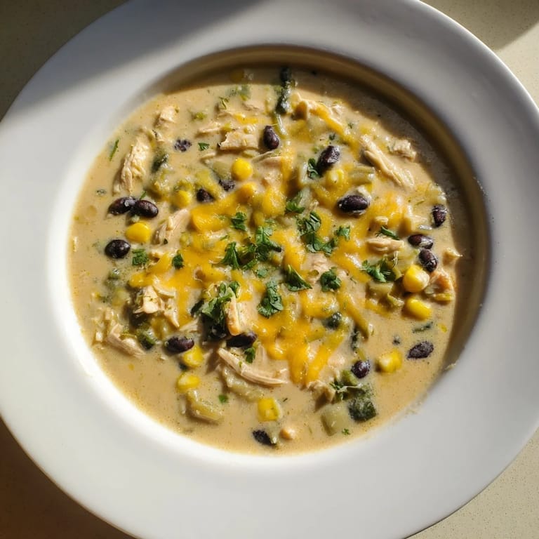 A close-up shot of rich and flavorful Chicken Poblano Soup, ideal for a cozy, weeknight dinner.