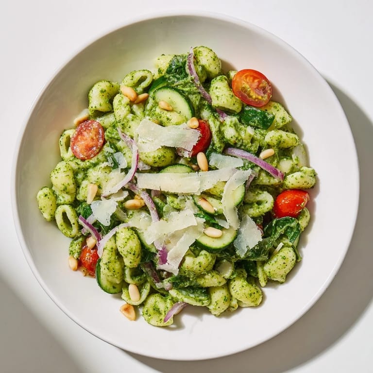 A beautiful, cool, and creamy bowl of Caesar Pesto Ditalini Salad ready to eat.