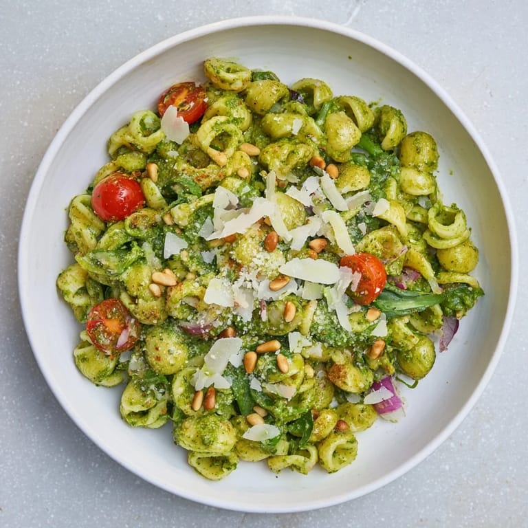Tossed and served: this Italian-American Caesar Pesto Ditalini Salad with fresh flavors.