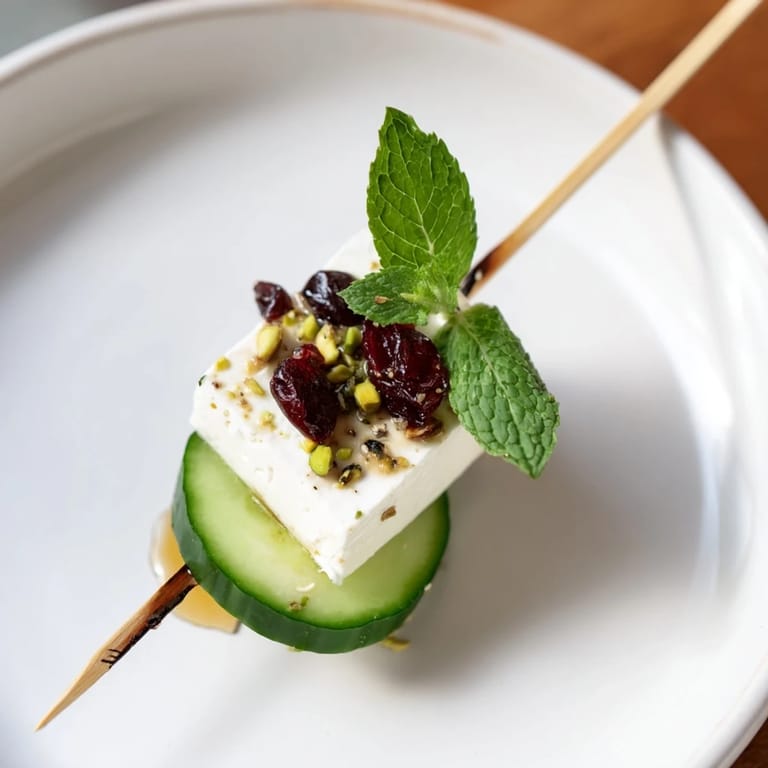 Fresh mint and plump cranberries adorn these tempting Holiday Cranberry-Feta Skewers, ready to enjoy.