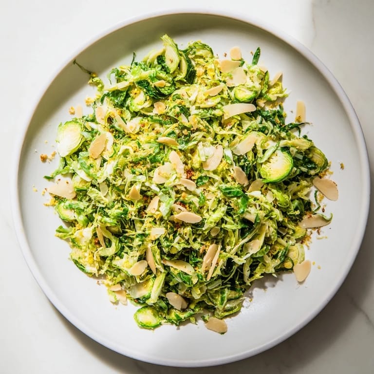 Freshly tossed Crunchy Lemon Parmesan Brussels Sprouts Salad, topped with toasted almonds and grated Parmesan cheese.