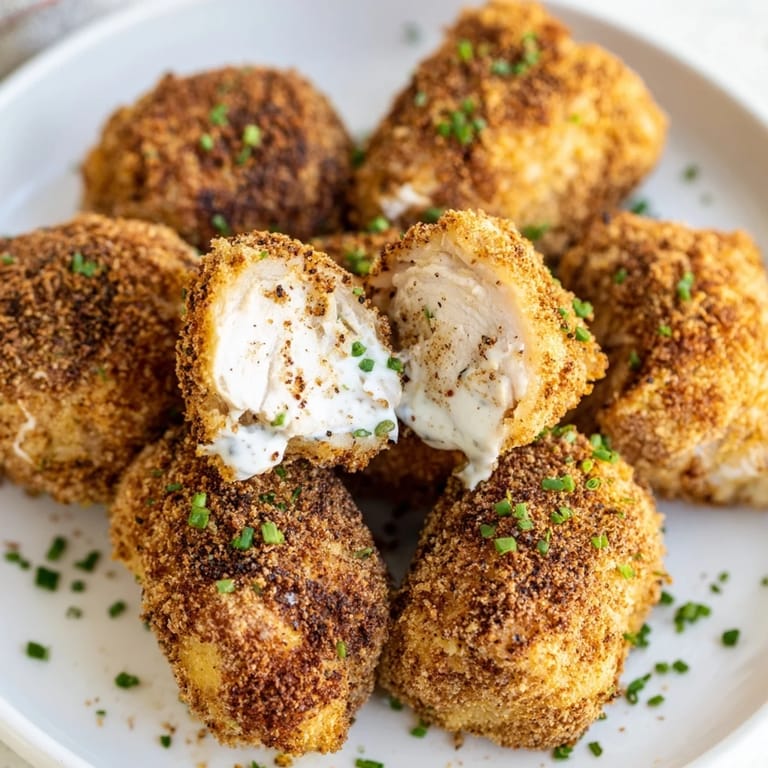 Close-up of freshly air-fried Spicy Ranch Chicken Croquettes, perfect as a game day appetizer.