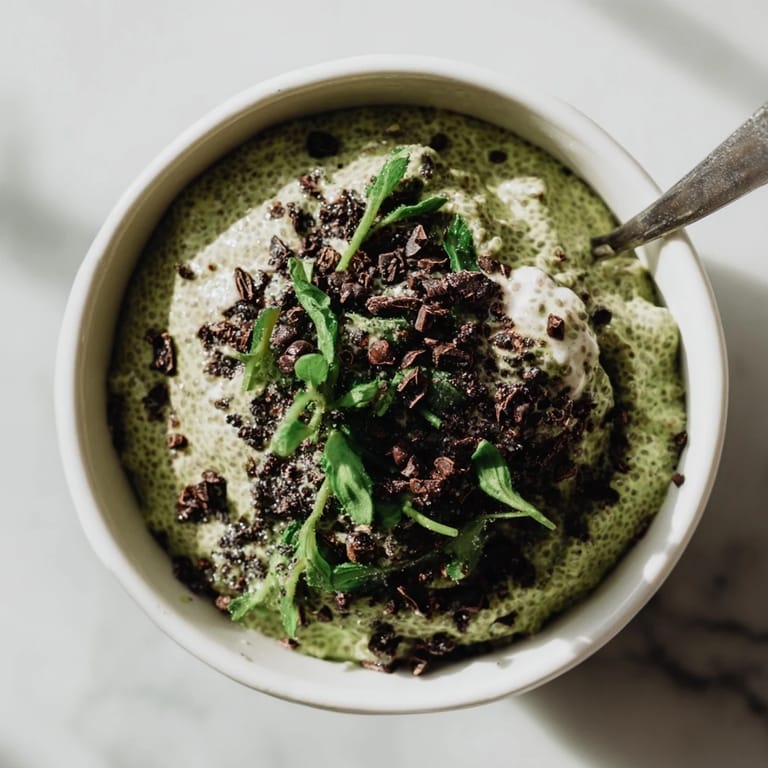 Thick and green Grinch Matcha Mint Chia Pudding, with cacao nibs and mint, perfect for a healthy breakfast.