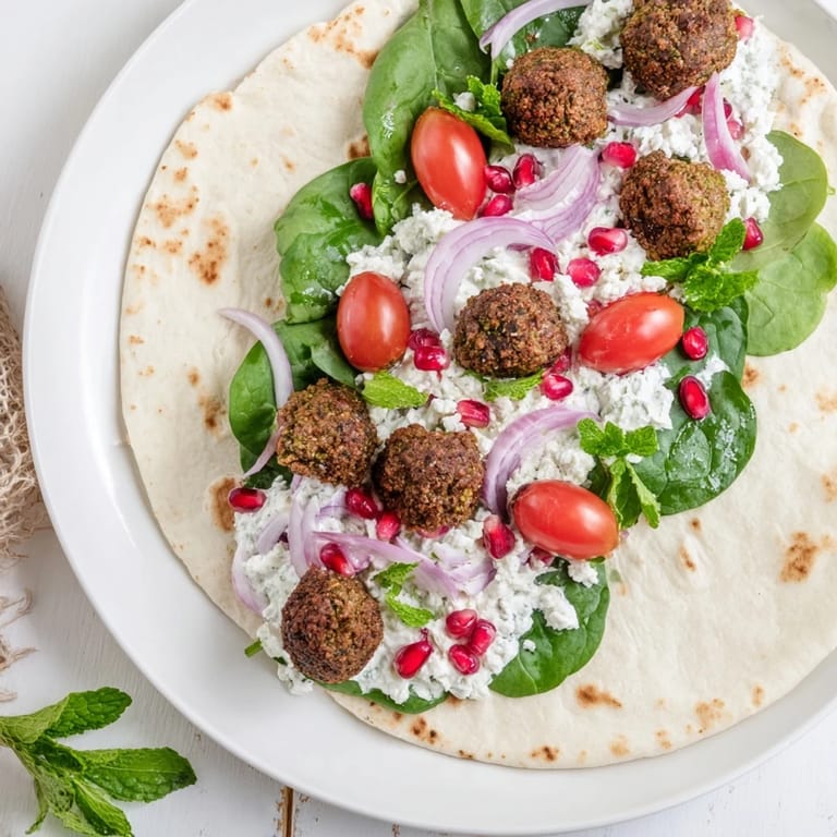 Crispy falafel nestles in a Festive Falafel & Tzatziki Christmas Wreath Wrap decorated with garnishes.