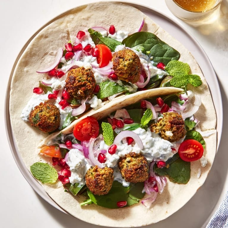 Imagine a vibrant Festive Falafel & Tzatziki Christmas Wreath Wrap, ready to serve with a drizzle of refreshing tzatziki.
