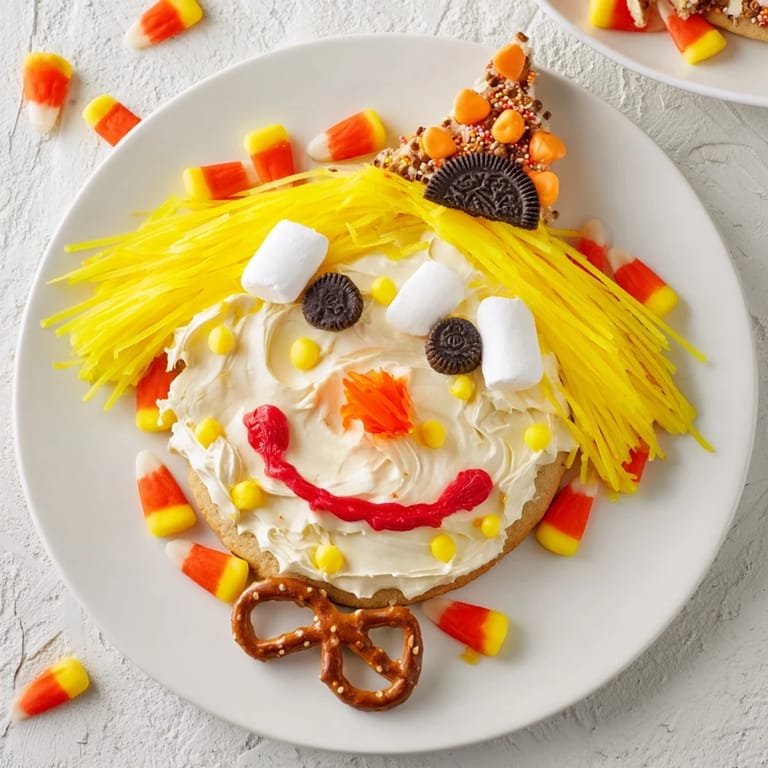 Vibrant Scarecrow Candy Platter, complete with a pretzel bow tie and a candy corn face for a fun treat.