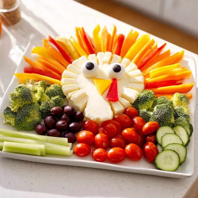 Delicious Turkey Shaped Appetizer Tray with an assortment of fresh veggies, cheese, and crackers for sharing.