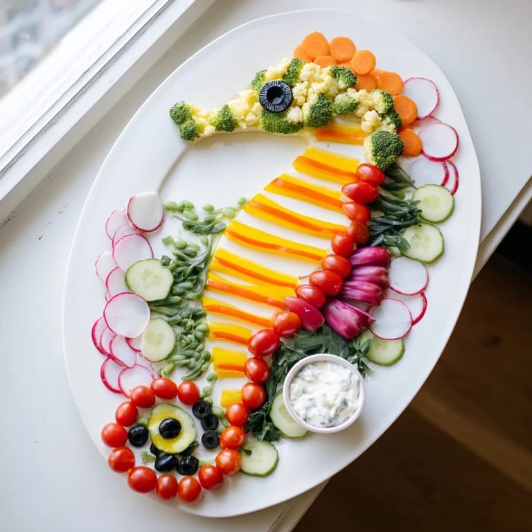 A fun-shaped seahorse veggie dip platter featuring fresh veggies and a tangy yogurt dip, ready to enjoy.