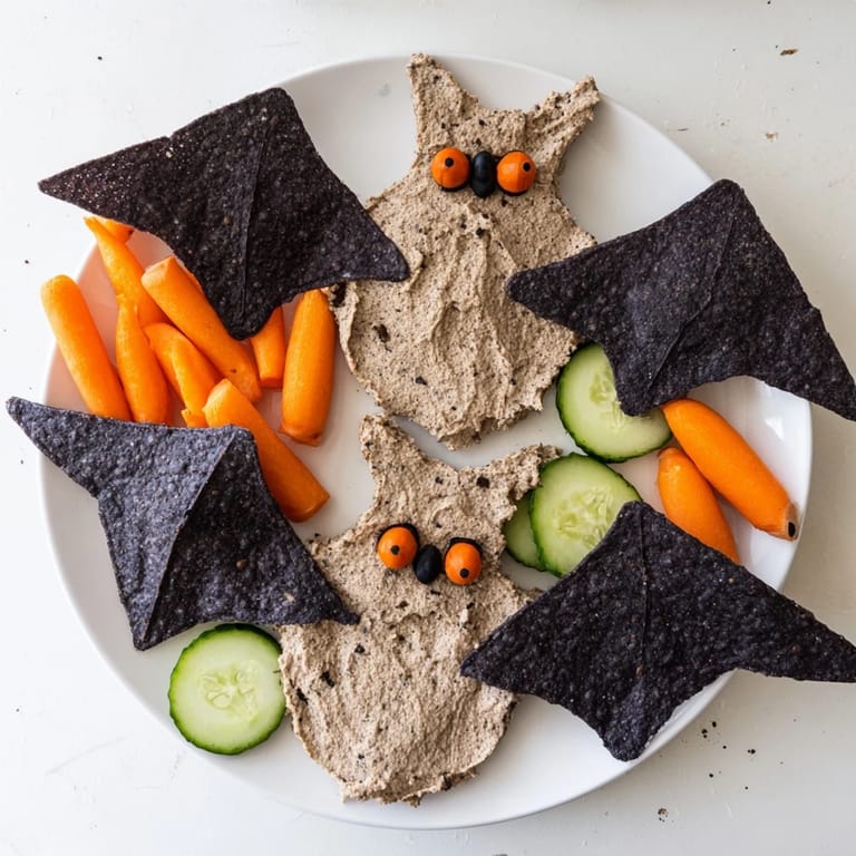 Festive Halloween Spooky Bat Bean Dip Platter, served with crunchy chips and vibrant carrot sticks.