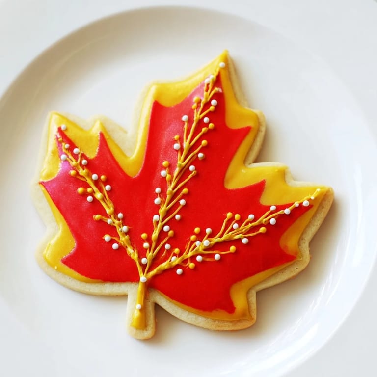 A close-up of a decorated Maple Leaf Cookie shows sprinkles adding festive charm.