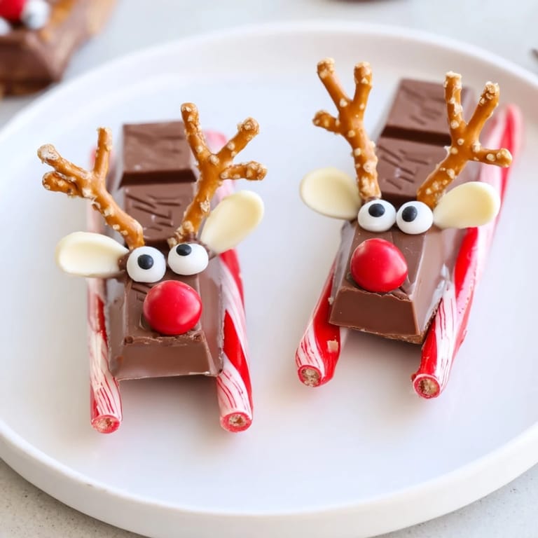 Enjoy these delightful Rudolph Candy Cane Sleds: chocolate bars sit atop candy canes, forming tasty sleds.