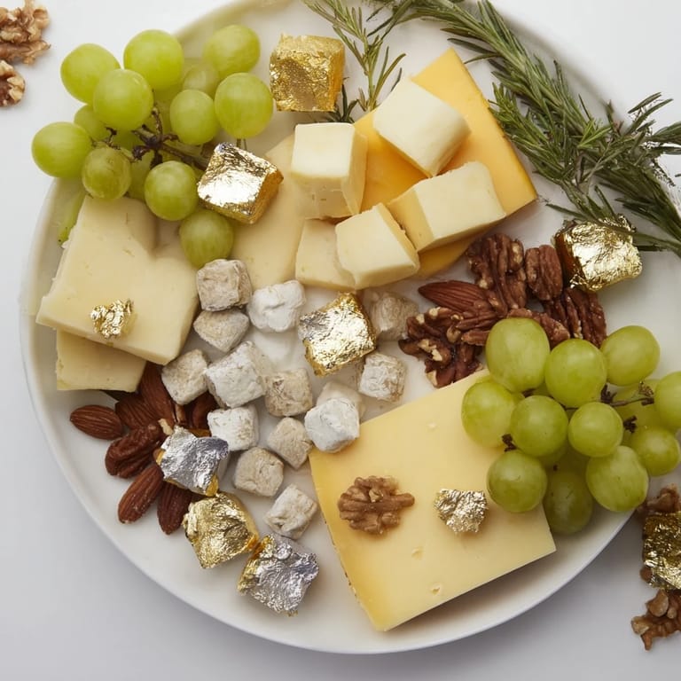 A close-up of a festive Gold and Silver Cheese Cube Board, showcasing creamy goat cheese and golden Gouda.