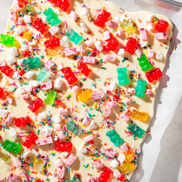 Festive party dessert: sweet, chewy gummy bears and crispy candy canes on a chocolate bark.