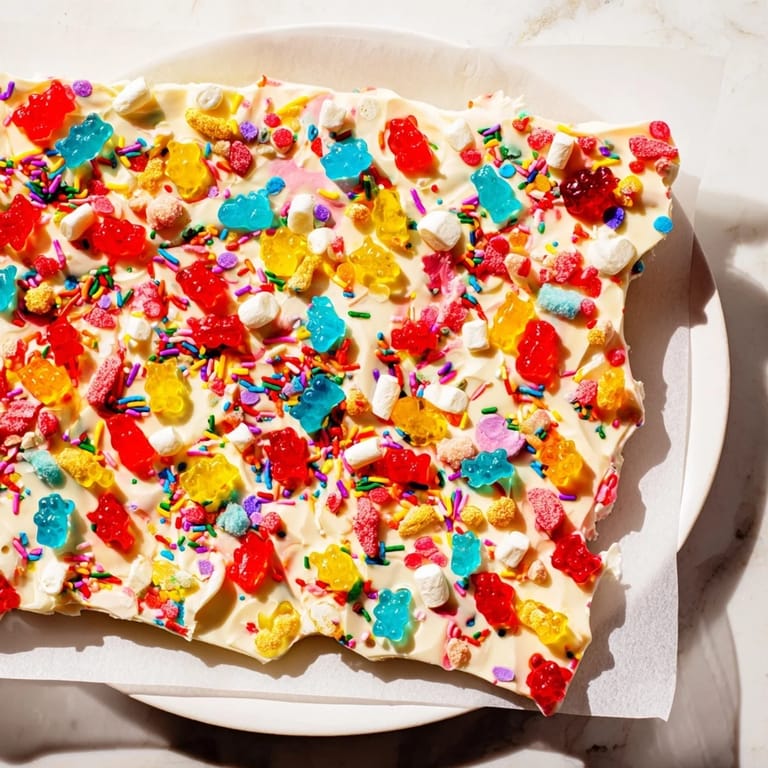 Delightful close-up showcasing a mix of gummy bears, candy canes, and white chocolate creating a sweet snack.