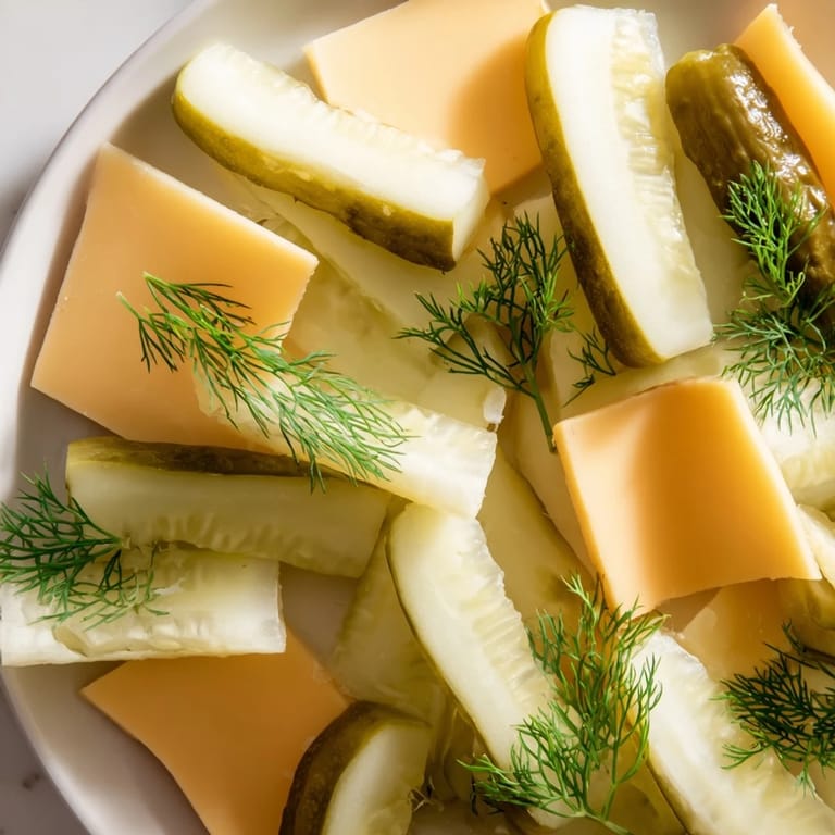 This Dill Pickles and Sliced Cheese appetizer offers a quick and easy, creamy and tangy flavor combination.