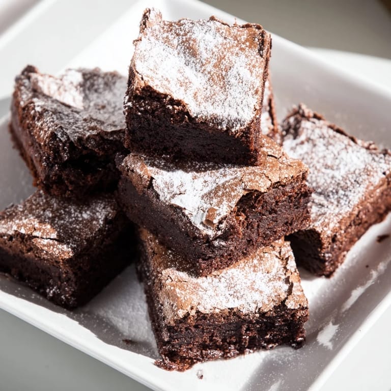 Warm, freshly baked brownie squares, each topped with a delicate, snowy powdered sugar topping.