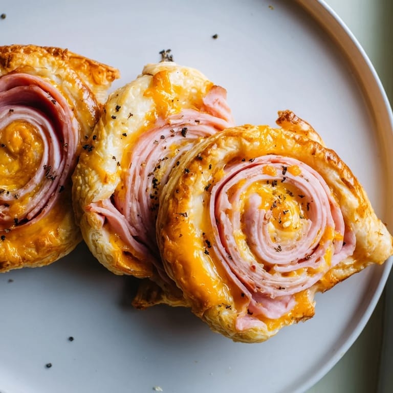 Melted cheese spills from the flaky layers of these delicious Savory Ham and Cheese Pinwheel Rolls.