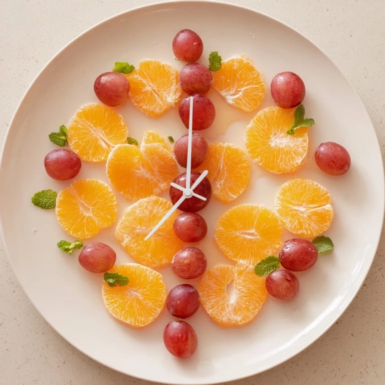 A colorful grape and orange slice clock face, showcasing juicy orange segments with grapes, ready to serve and enjoy.