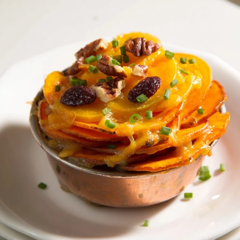 Warm Copper Penny Warmth with melted cheese and toasted pecans, ready for a comforting bite.