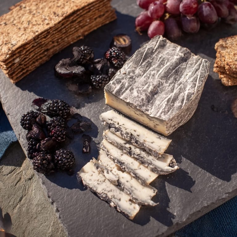 A visually striking Monochrome Gray Stone Cheese Board showcasing slate-colored cheeses and dark, delicious flavor.