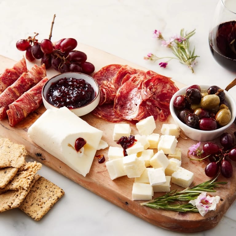 A gorgeous closeup of a Ruby Red Wine Stain Board, filled with cheeses, salami, and red grapes.