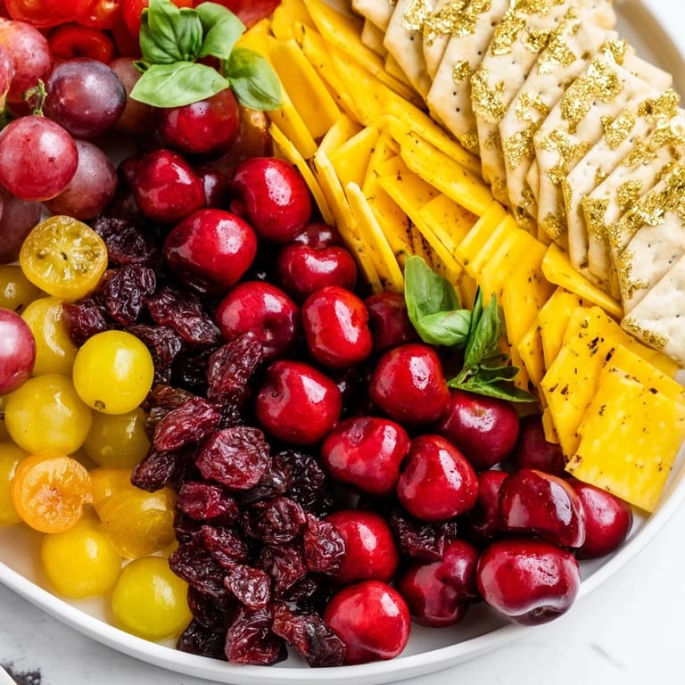 Beautifully arranged Crimson & Gold Gala appetizer board, showcasing glistening cherries and roasted pepper slices.