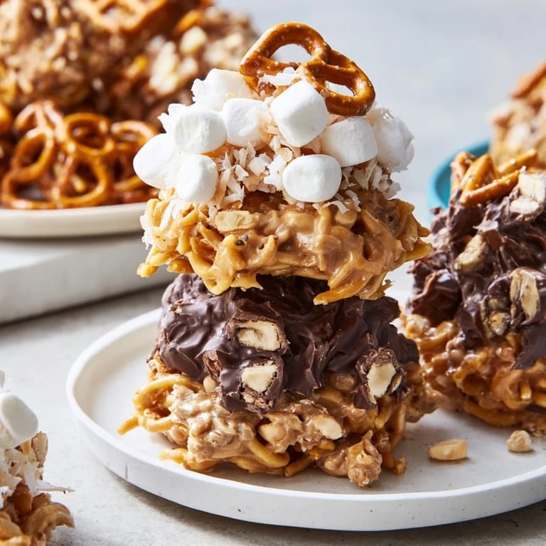 Dazzling view of stacked haystack candy, featuring butterscotch, pretzels, and white chocolate.