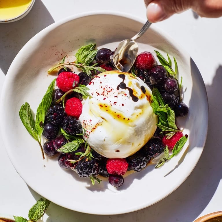 Imagine this Moonlit Lagoon salad: sweet grapes, blueberries, and burrata drizzled with olive oil.