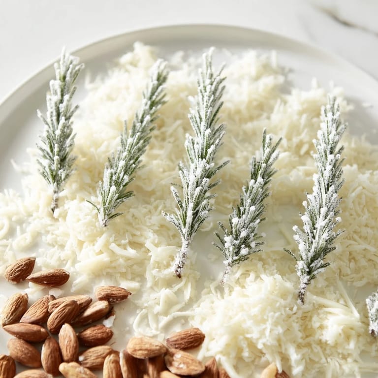 Beautiful "Frosted Pine" cheese board with white cheddar and sugared sprigs, perfect for holiday parties.