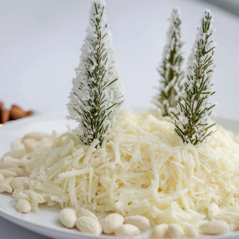 Festive "Frosted Pine" appetizer: a winter cheese board with sugared rosemary and almonds scattered.