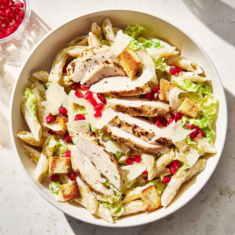 A close-up of Chicken Caesar Pasta, with pomegranate jewels adding sweet-tart flavor and vibrant color.