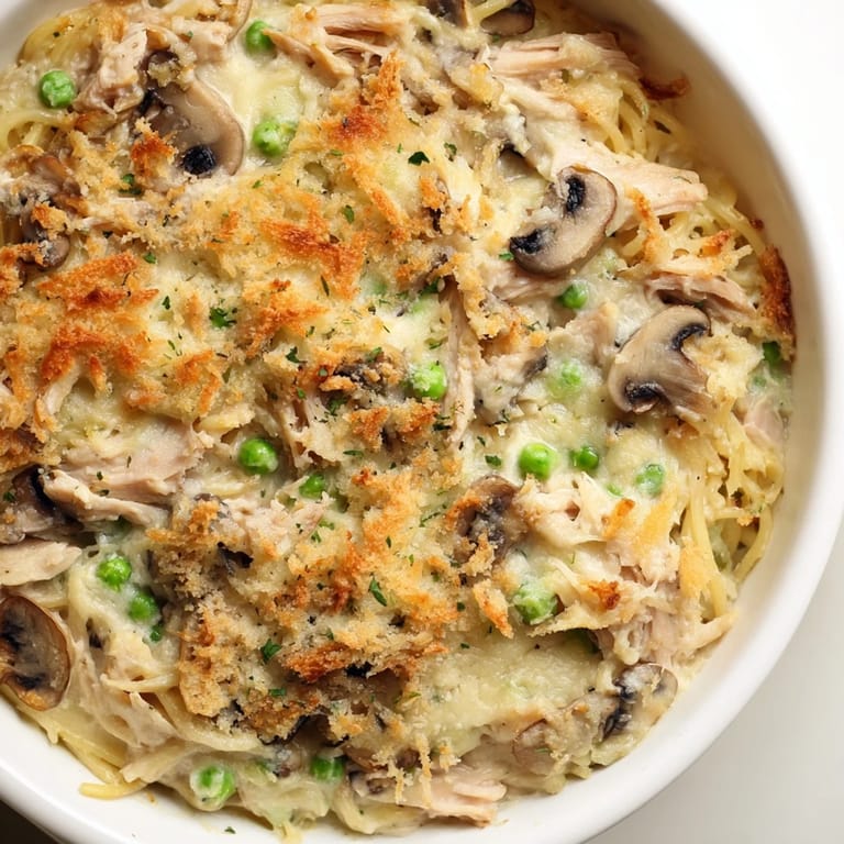 Creamy Turkey Tetrazzini, a comforting casserole with tender turkey, pasta, and mushrooms visible.