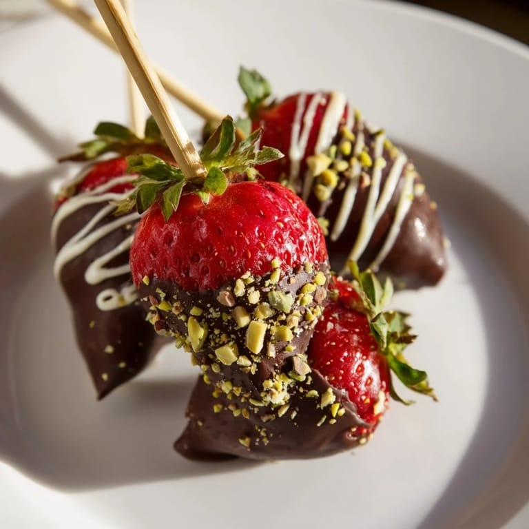 Close-up of perfectly dipped Chocolate-Dipped Strawberry Skewers ready to serve at your next party.