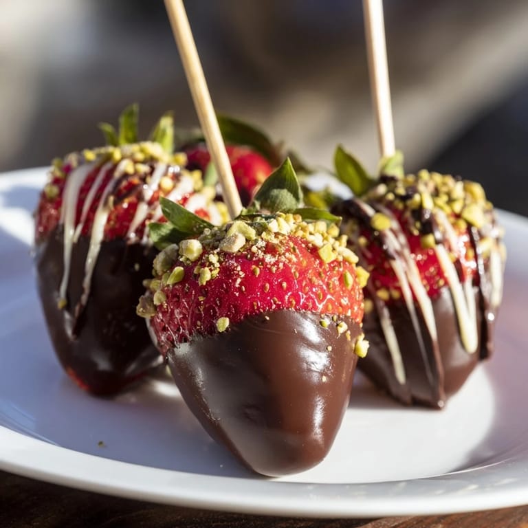 Juicy Chocolate-Dipped Strawberry Skewers drizzled with white chocolate, promising a sweet and elegant treat.