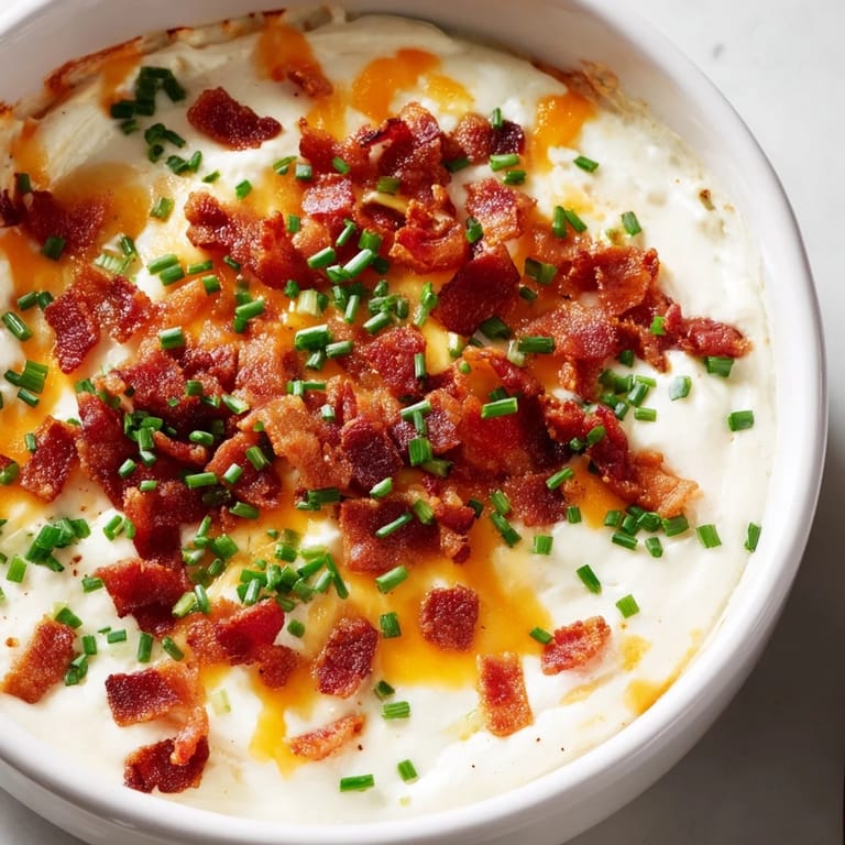 Close-up of the delicious Cheesy Bacon Ranch Dip, topped with crispy bacon and fresh chives.