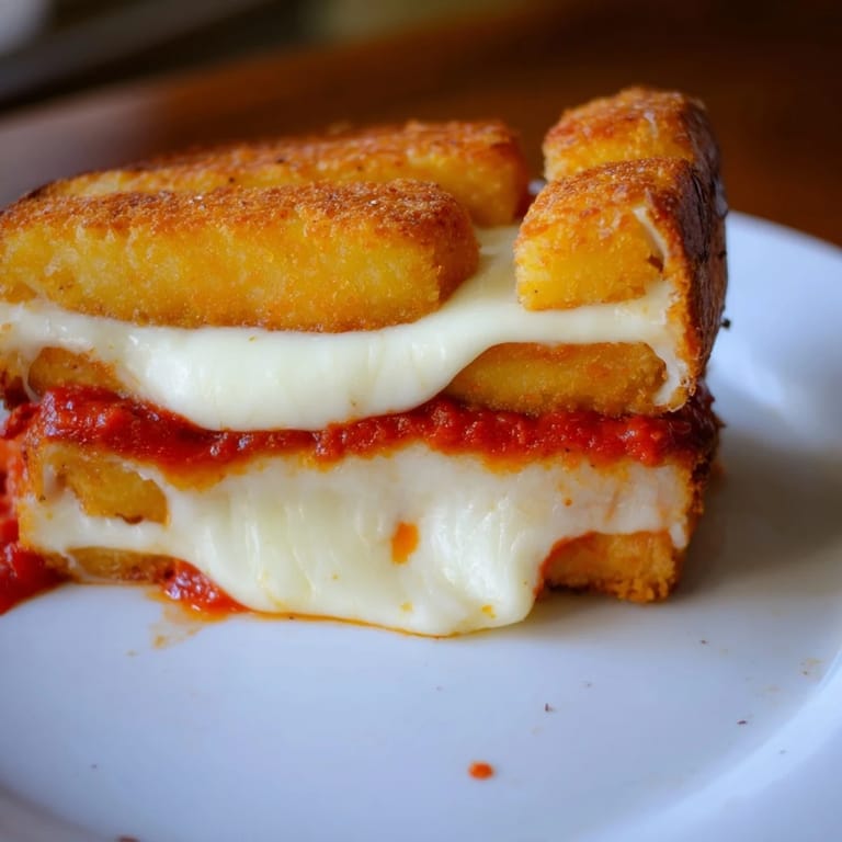 Crispy golden bread surrounds melted mozzarella, a delicious Mozzarella Stick Grilled Cheese with marinara dip.