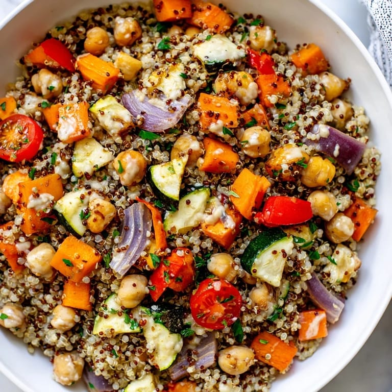 A colorful bowl of Quinoa Power Salad features fluffy quinoa and tender roasted veggies tossed.