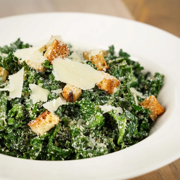 Massaged kale brightens in a creamy dressing, creating this flavorful Kale Caesar Salad recipe.