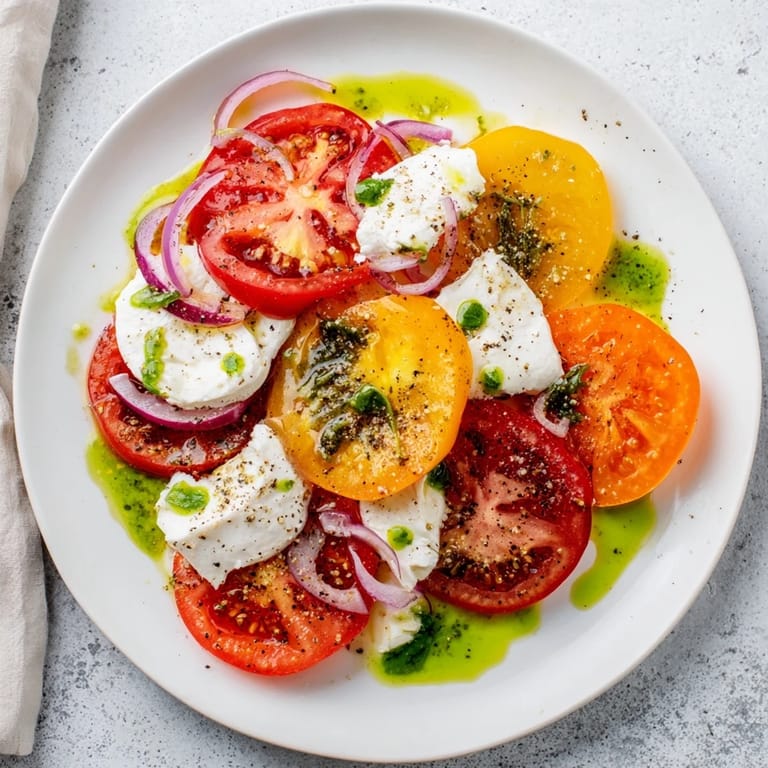 A beautifully arranged Summer Tomato Salad is drizzled with bright basil oil.