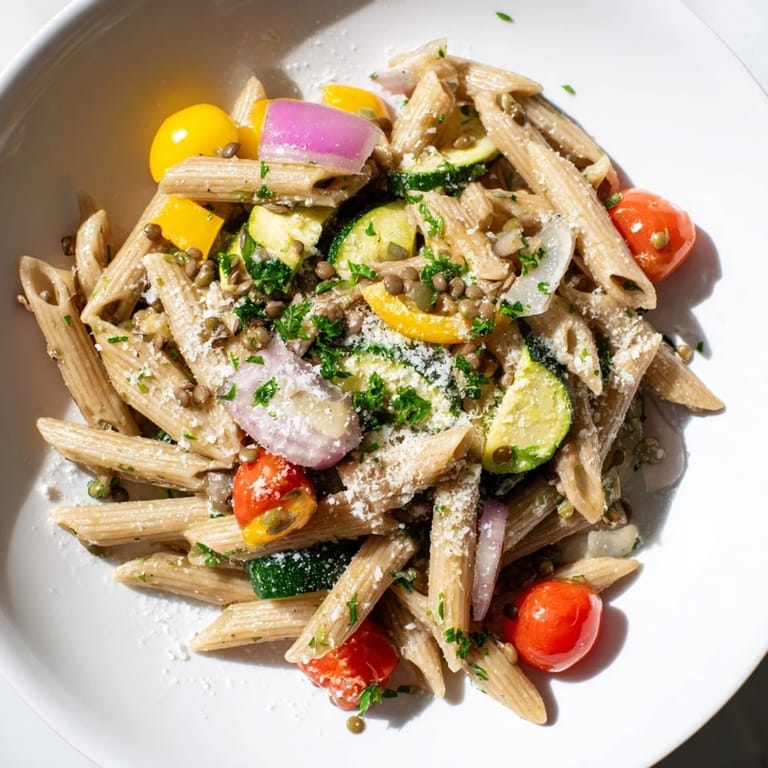 Savory Lentil Pasta with Vegetables, ready to serve, garnished with fresh parsley and Parmesan cheese on top.