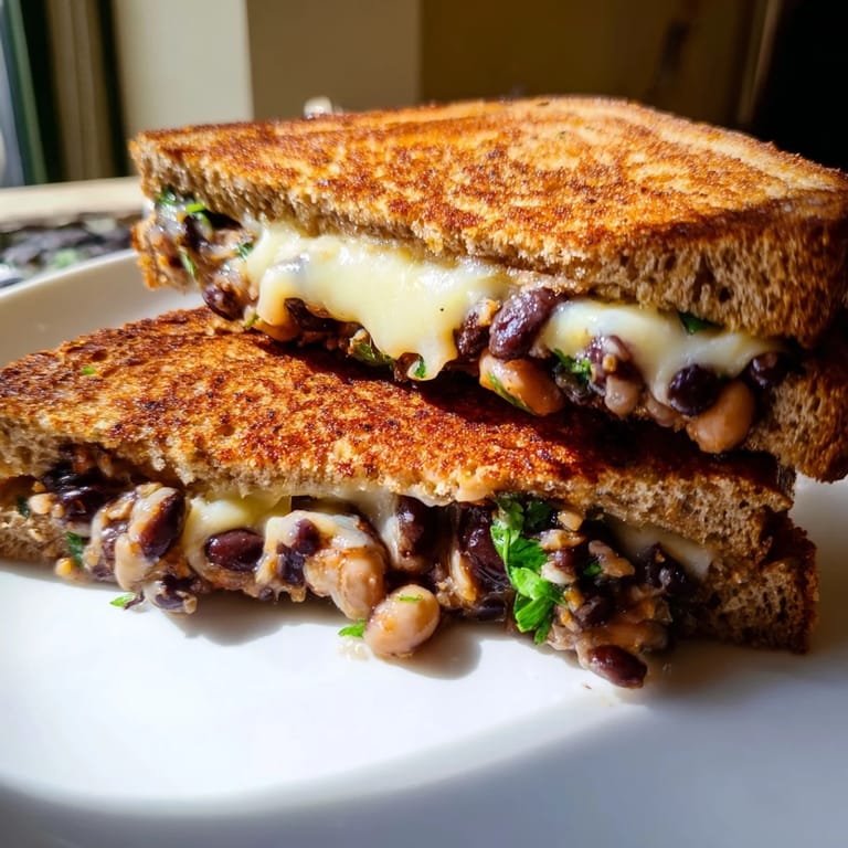 A close-up of a perfectly grilled Black Bean Grilled Cheese, with a crispy bread exterior and a warm, cheesy interior.