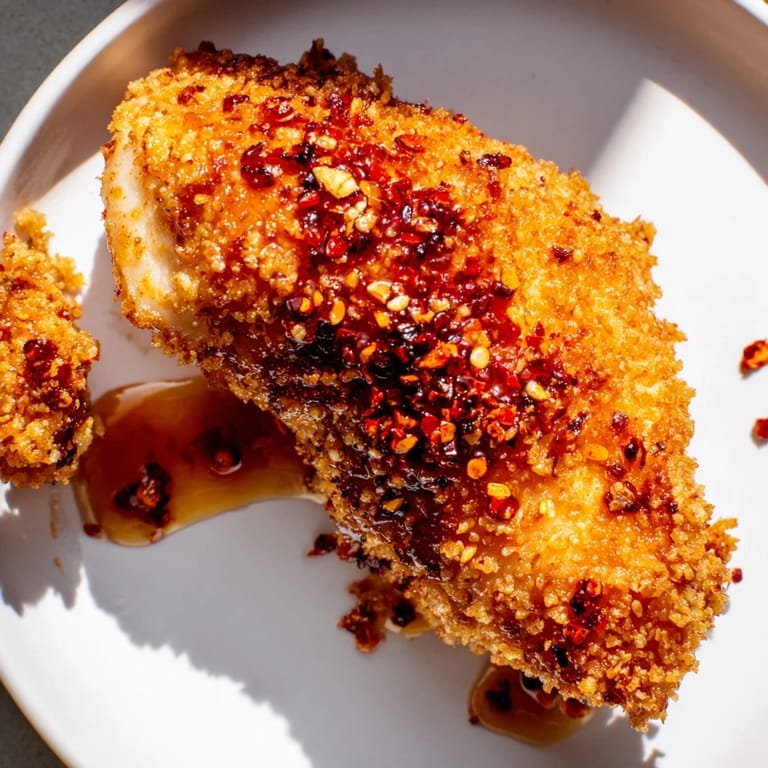 Enjoy a close-up of beautifully fried, juicy Hot Honey Crispy Chicken Thighs with sweet and spicy glaze.