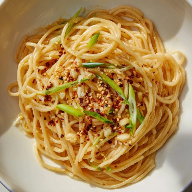 Delicious & vibrant Garlic Chili Oil Noodles featuring the perfect blend of spice and savory sauce.