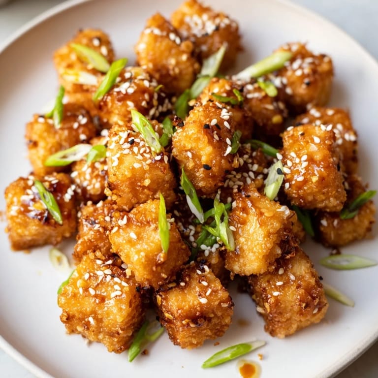 Pile of vibrant Honey Sriracha Tofu Nuggets, coated in a sticky glaze with sesame seeds scattered on top.