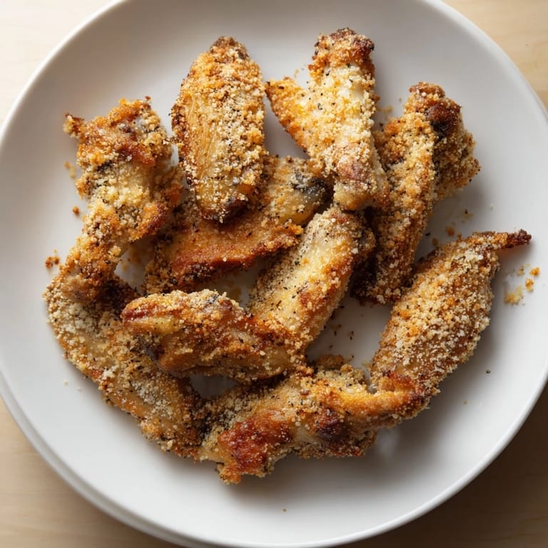 A close-up shot of delicious, golden-brown baked Parmesan chicken wings, ready to eat.
