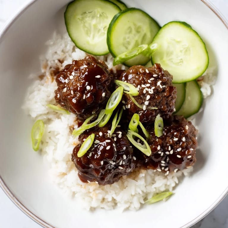 A close-up of savory teriyaki meatball bowls, showing juicy meatballs and glistening sauce atop fluffy rice.