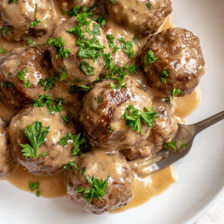 A close-up of delicious Swedish meatballs, perfectly browned and simmered in a savory gravy.