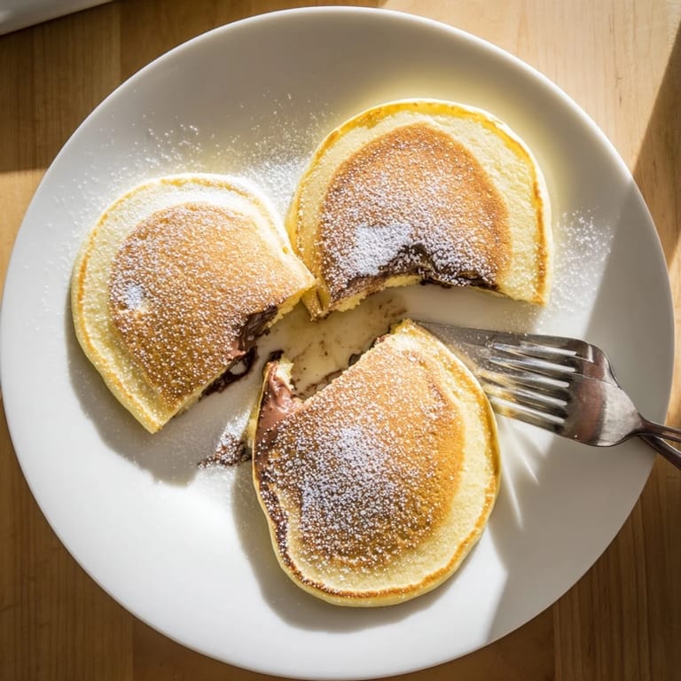 Stack of Nutella Stuffed Pancakes revealing gooey chocolate filling on breakfast plate.