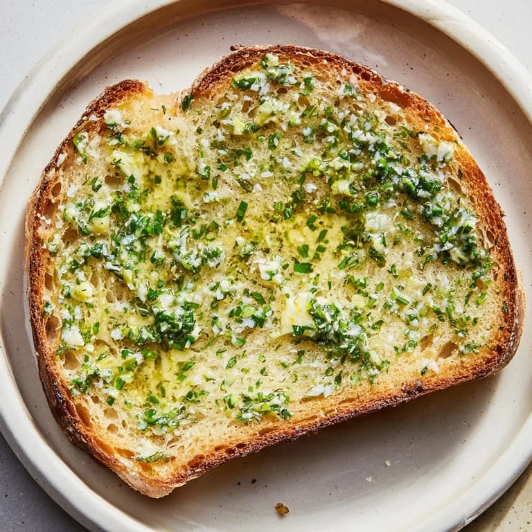 Freshly toasted artisan bread slices with creamy compound herb butter melting over golden edges.